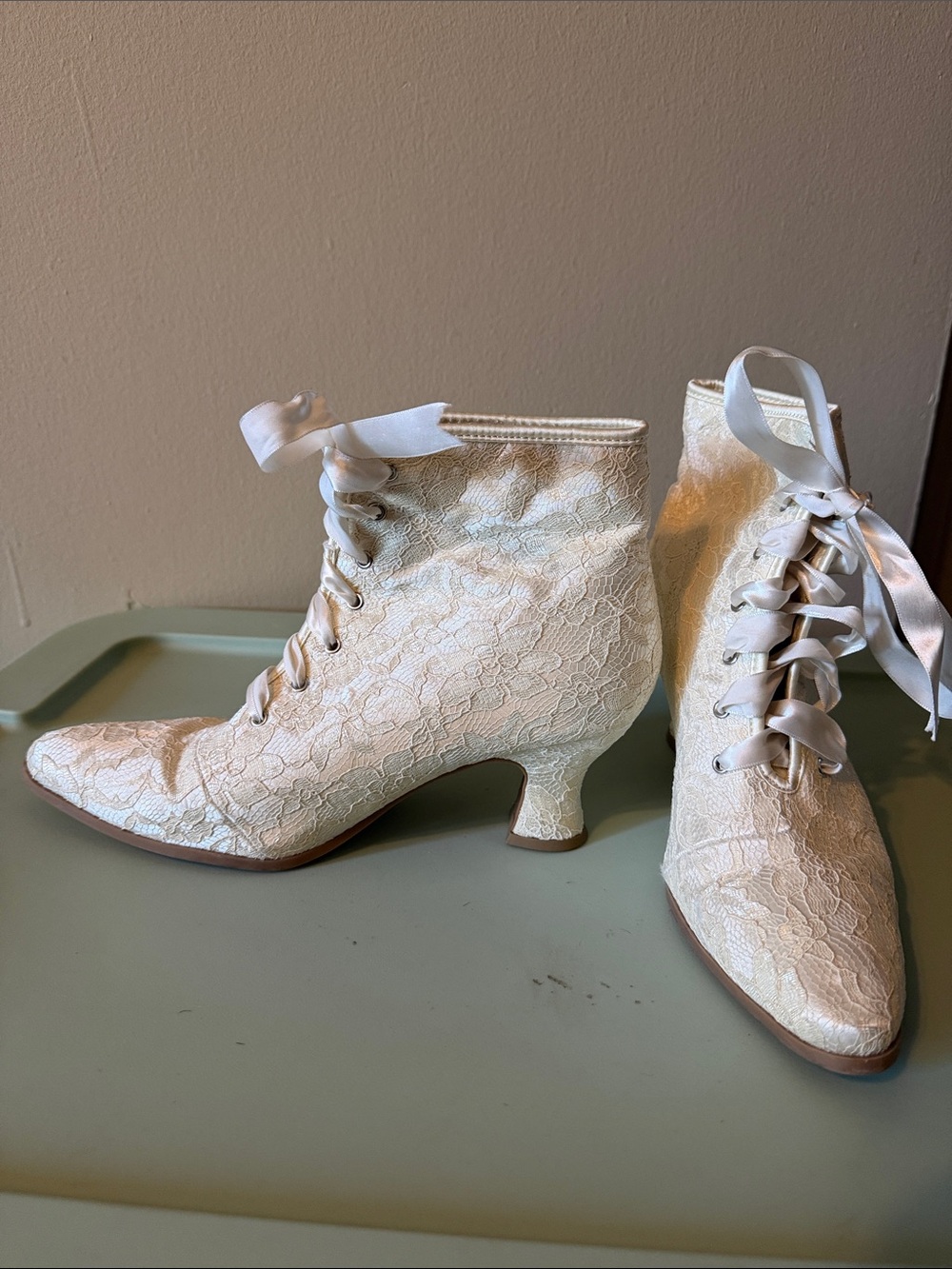 Ellie Ivory Lace-Up Victorian Ankle Boots with Satin Ribbon